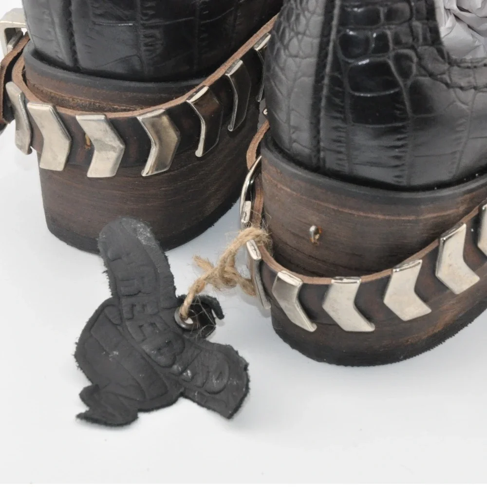 Freebird‎ Blade Booties 6 Black Excellent Croc Embossed Leather Cutout Harness